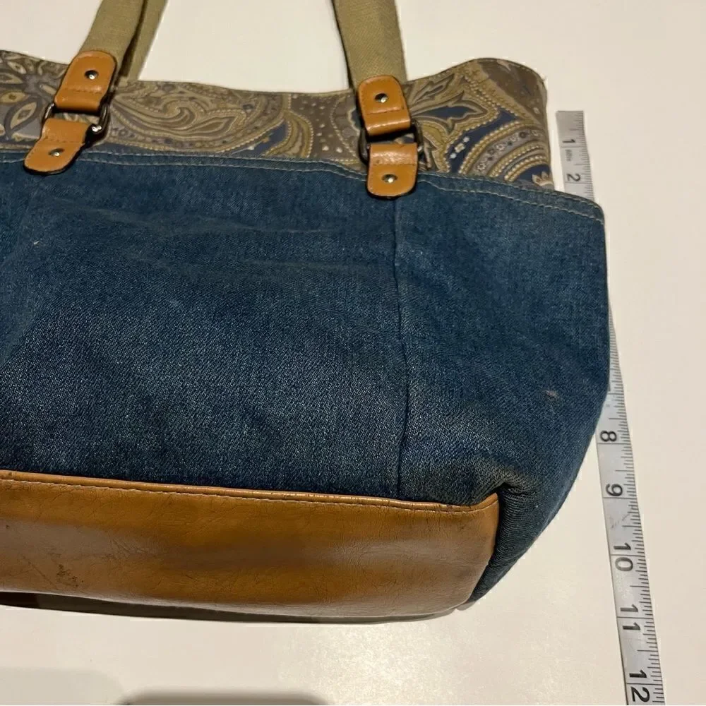 Women's Casual Faux Leather Blue Denim Messenger Bag with Paisley top
